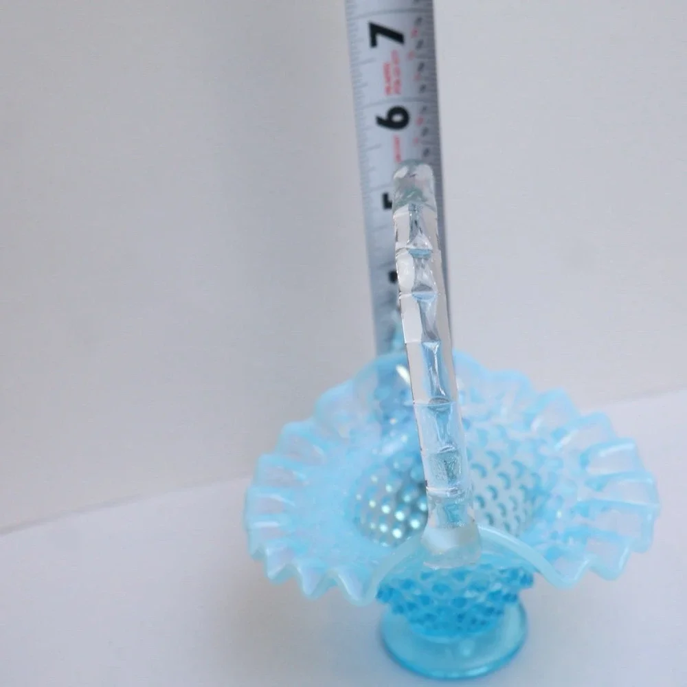 VTG Fenton Hobnail Basket Small Blue Opalescent Glass Ruffled Edge Collectible